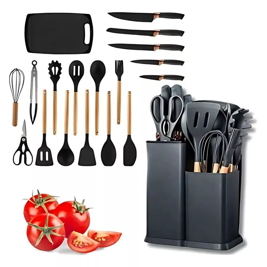 Kit Cozinha 19 Peças Silicone Antiaderente Facas Inox Madeira com