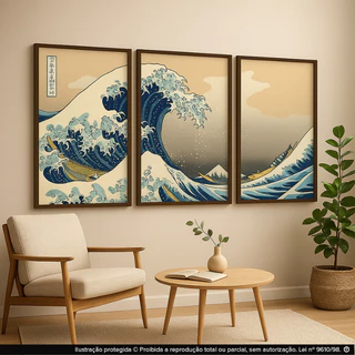 Kit Quadros Decorativos 3 Peças Arte Japonesa A Grande Onda de Kanagawa Luxo Decoração Moderna Sala Quarto Escritório