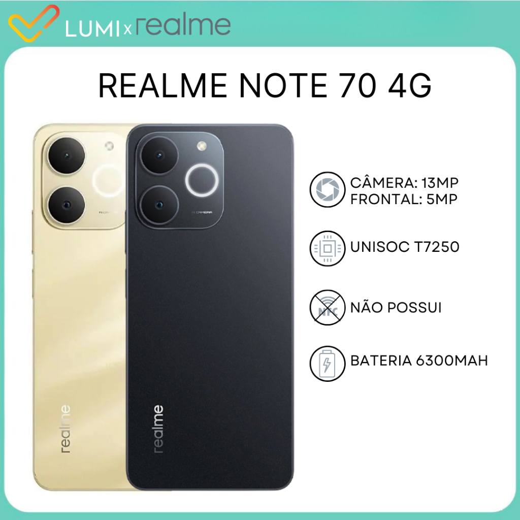 Realme Note 70 4G 128/256GB RAM + 4/8GB RAM, Processador Unisoc