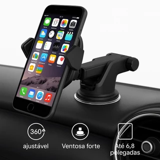 Suporte Veicular Universal Celular e GPS Trava Automática 360° Ajustável Ventosa Silicone Para Carro