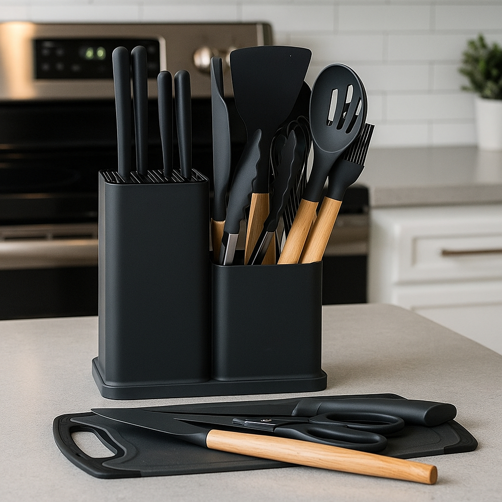 Kit Cozinha 19 Peças Silicone Antiaderente Facas Inox Madeira com Suporte | Shopee Brasil