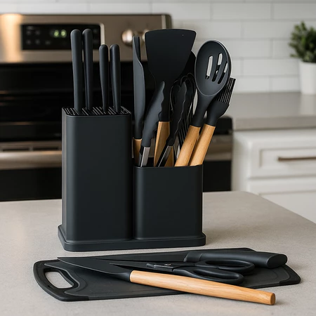 Kit Cozinha 19 Peças Silicone Antiaderente Facas Inox Madeira com Suporte- Cor Aleatória