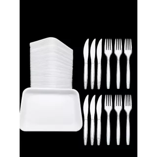 Kit Churrasco 100 Bandejas + 50 Garfos + 50 Facas Descartavel Festa Decoraçao