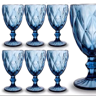 Jogo Kit 6 Taça Diamante Copo Vidro Azul Bico De Jaca 260ml
