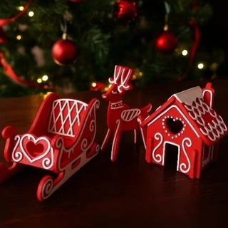 Decoração de Natal Kit 3 Peças (Trenó + Rena + Casinha)