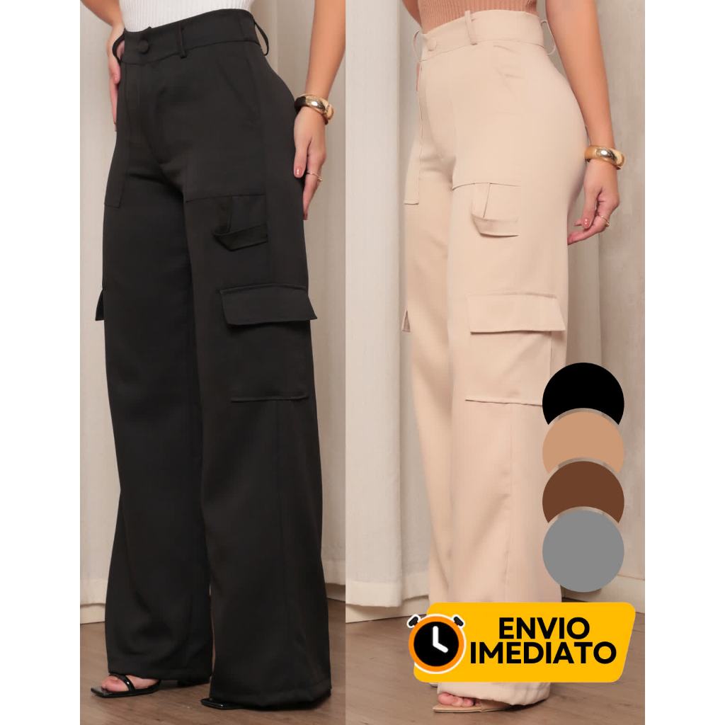 Calça Pantalona Feminina em Alfaiataria Cargo Wide Leg Casual Para Trabalhar