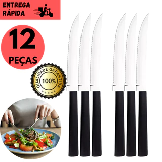 Kits 12 ou 6 Faca de Inox com Serrinha Cabo Preto Ideal para Refeições Diárias, Durável
