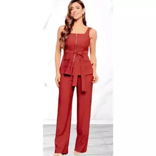L158 Body Conjunto Feminino Marrant Colete com Ziper cinto e Calça