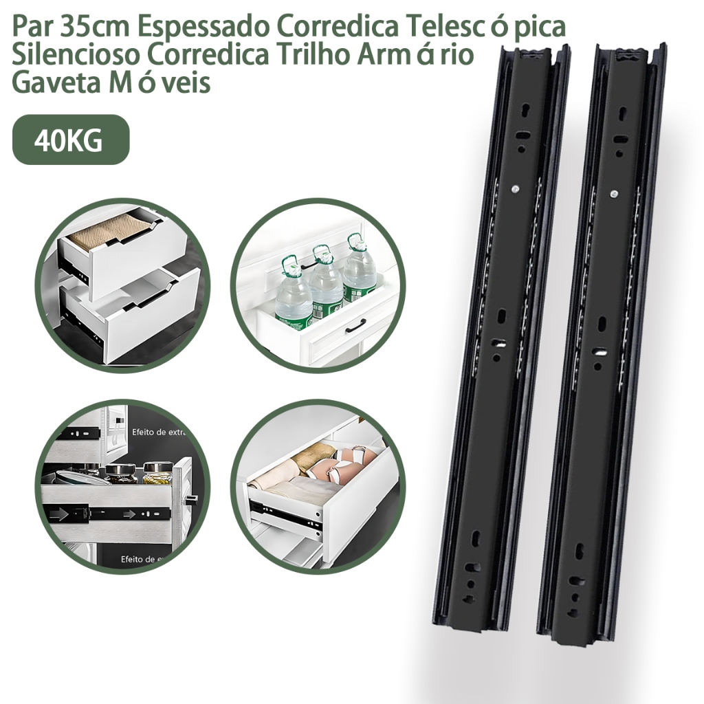 Par 35cm Espessado Corrediça Telescópica Silencioso Corrediça Trilho Armário Gaveta Móveis Até 40kg