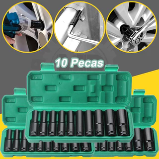 Jogo de Soquetes de Impacto Longo 1/2 10 Peças 8 A 24mm Soquete Sextado