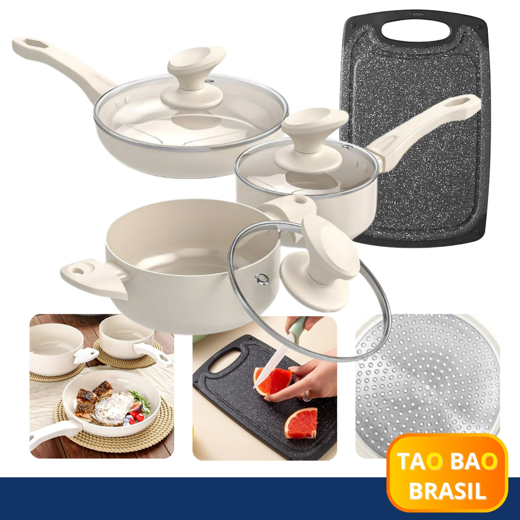 Kit Panelas Antiaderentes Cerâmica 6 Peças + Tábua Corte | Shopee Brasil