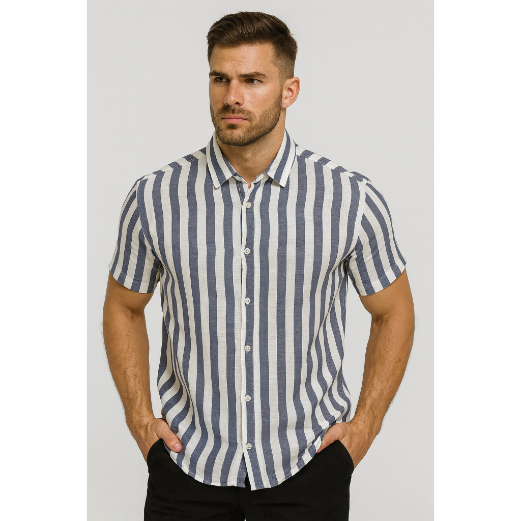 Camisa Masculina Social Linho Listrada Manga Curta Premium