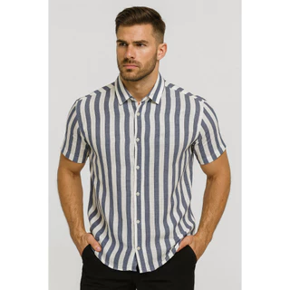 Camisa Masculina Social Linho Listrada Manga Curta Premium