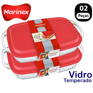 Jogo de Assadeiras Marinex Travessa de vidro com tampa Lasanheira 3.5 litro Retangular Culinaria