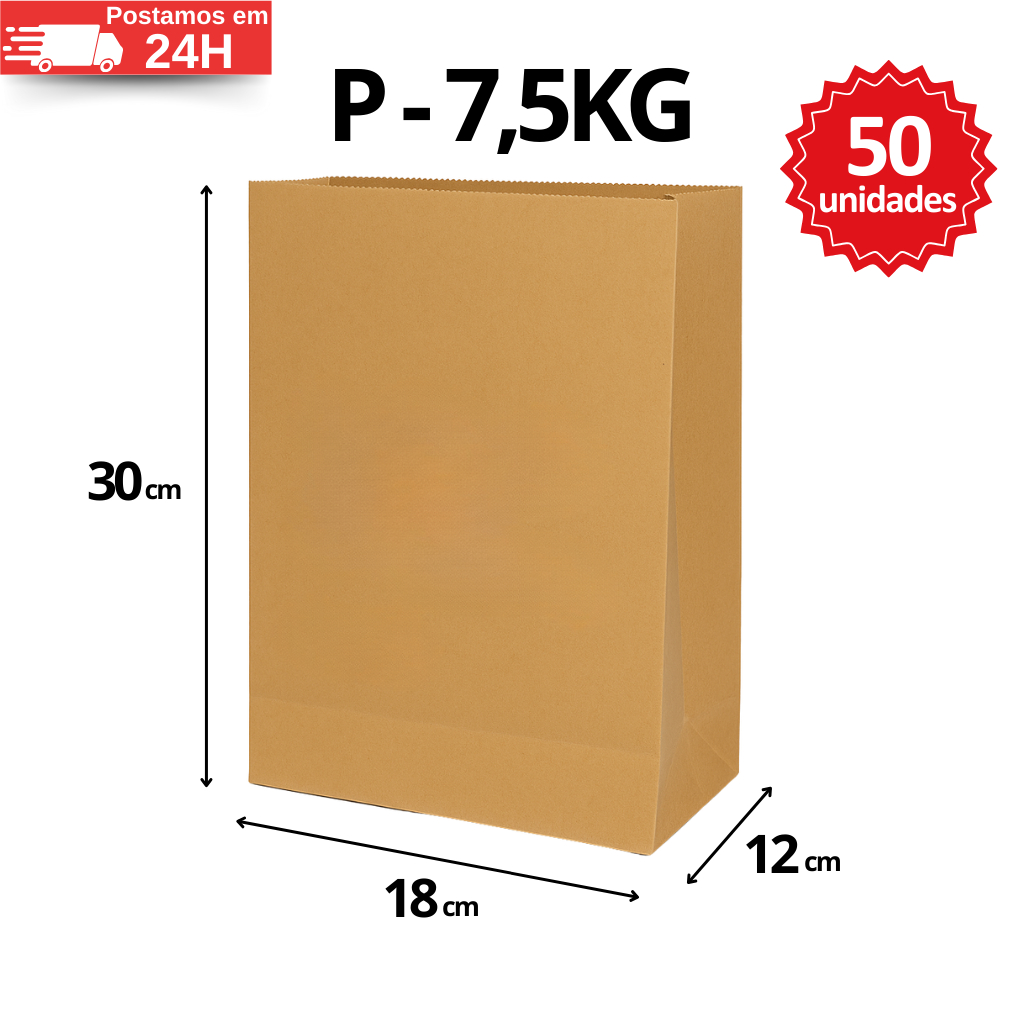 Saco Kraft Para Delivery P 7,5KG LISO - Embalagem Reforçada 