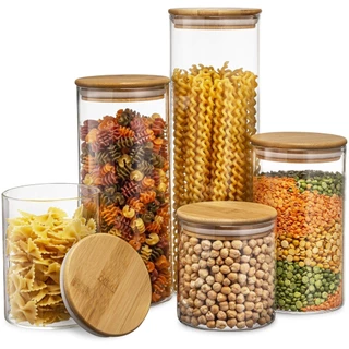 Jogo 5 Potes Hermetico Vidro Cozinha Mantimentos Tampa Bambu