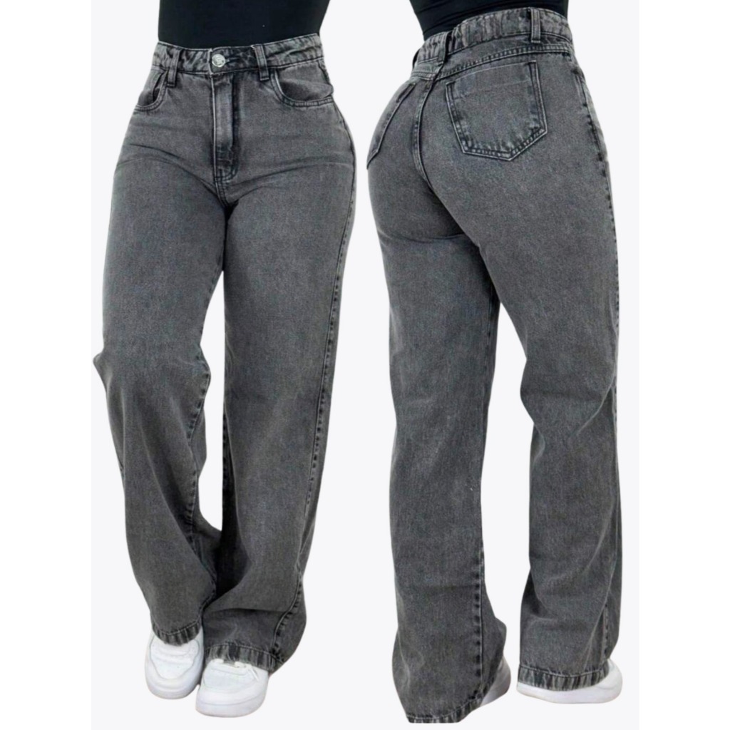 Calça Jeans Wide Leg Cinza Marmorizada cintura alta street wear ...