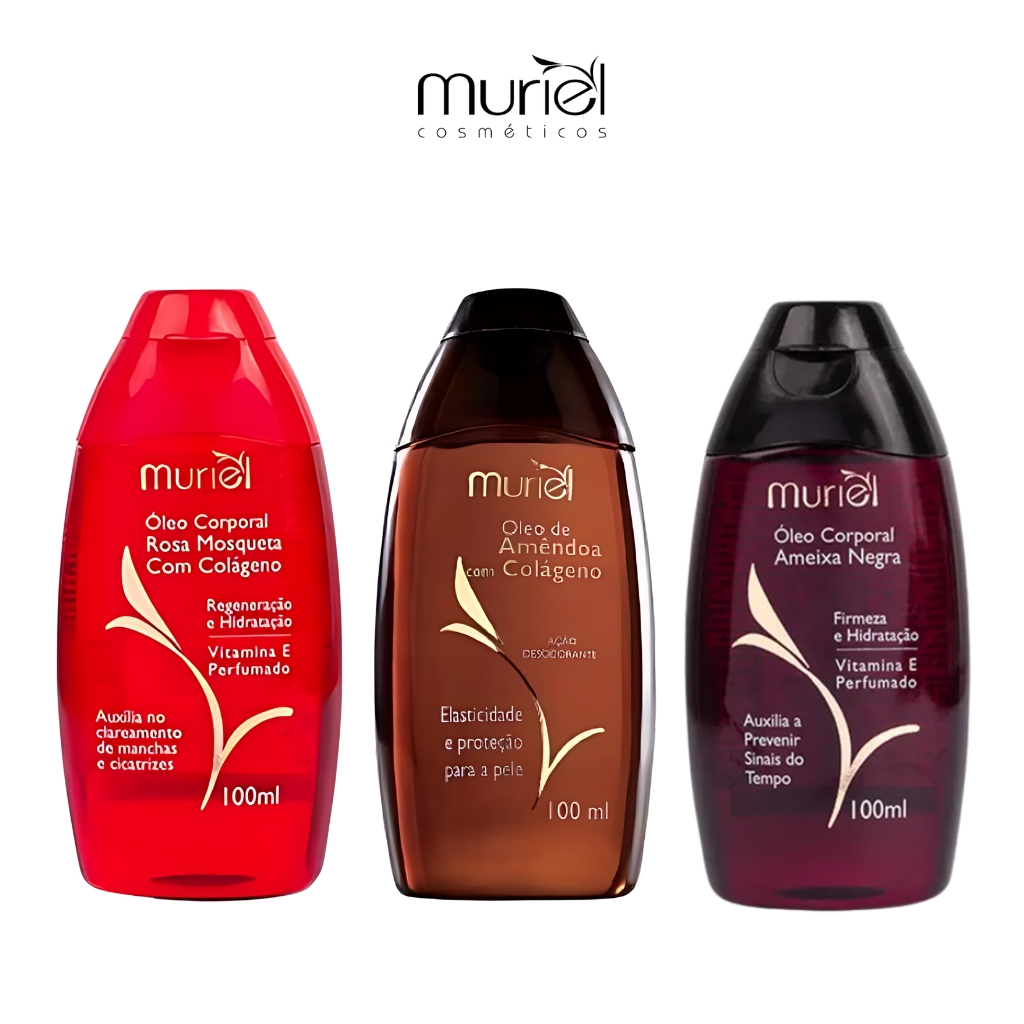 Kit Muriel c/ 3 óleos Ameixa Negra, Rosa mosqueta e Amêndoas com
