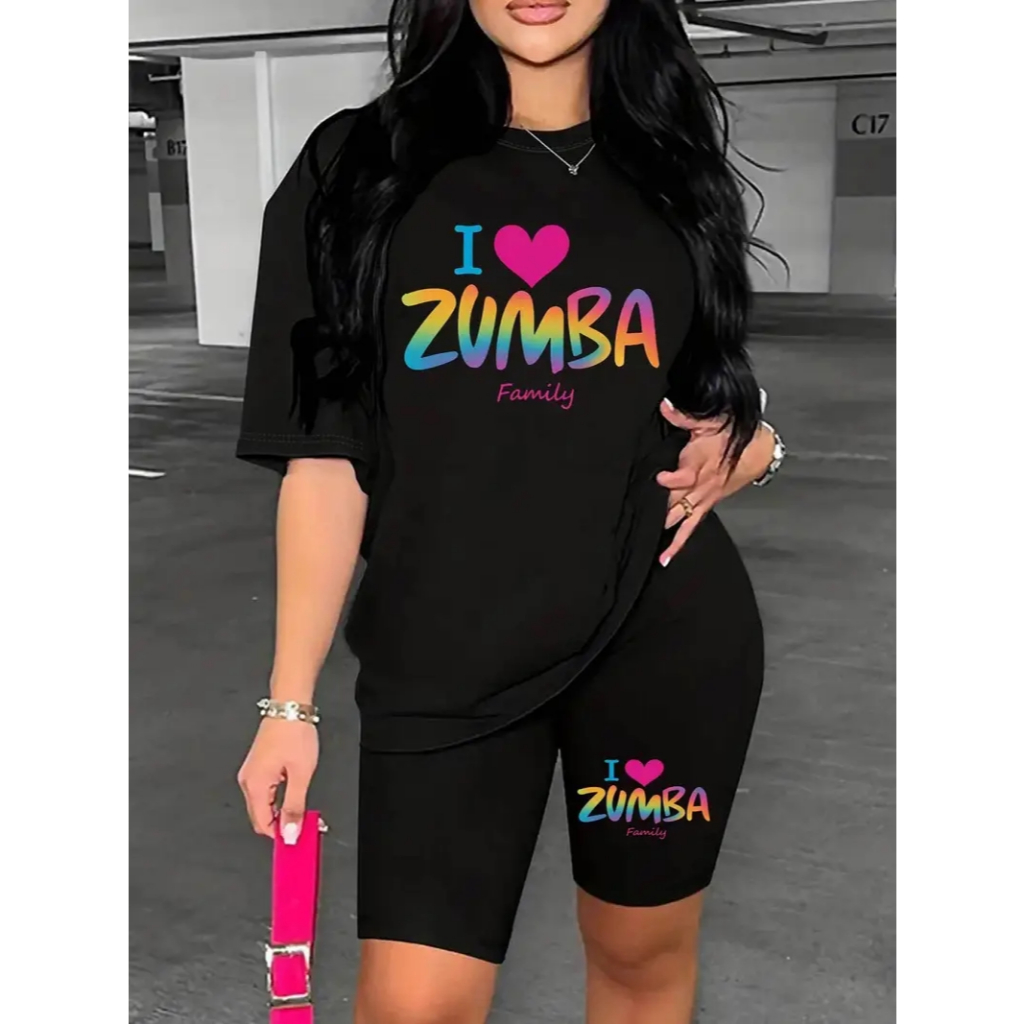 ZUMBAセットアップ CONJUNTO FEMININO LOVE ZUMBA CAMISETA+BERMUDA LEGGINGS CÓS ALTO