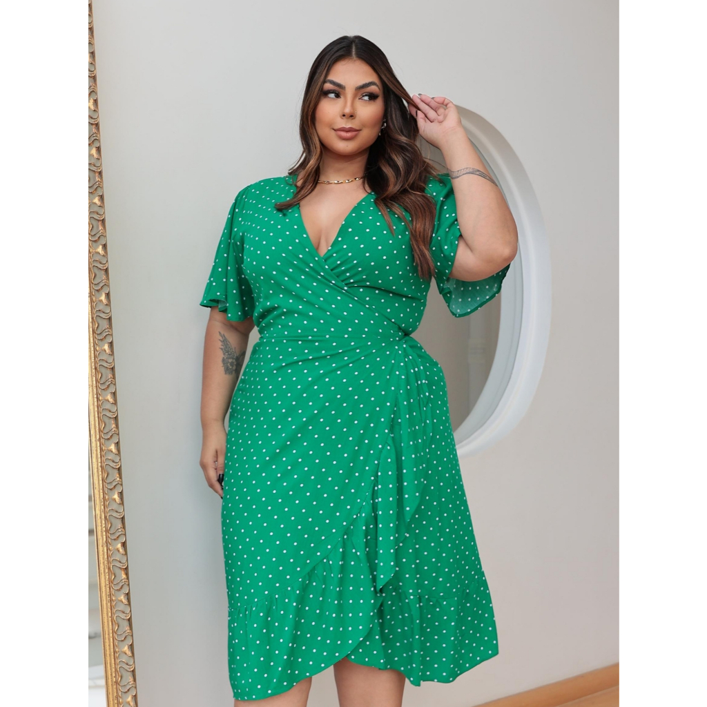 Vestido Envelope Plus Size Poá Forrado Elegante Casual Feminino GG ao ...