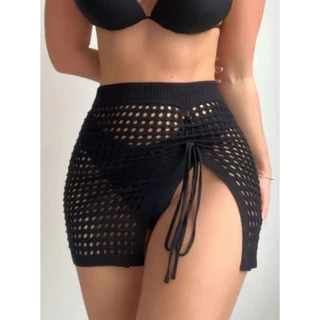 Saia Saída de Praia Crochê Tricot Curta Fenda Lateral de Amarrar Moda Verão Festival