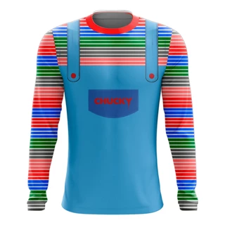 Camiseta Traje Chucky Halloween Fantasia Manga Longa Unissex Infatil Adulto Traje