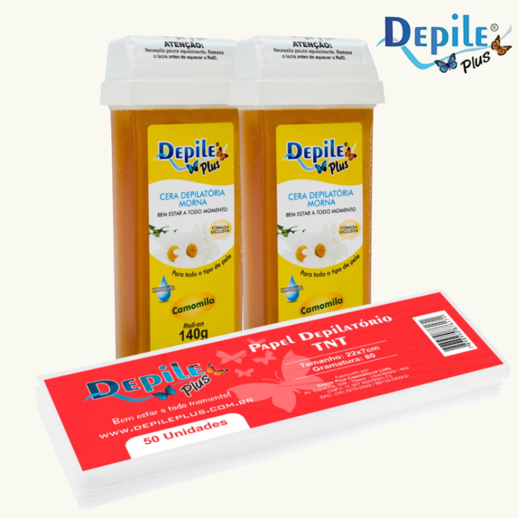 Kit 2 Cera Roll-On Vegana Depile Plus 140g Depilação Íntima + 50 Papéis ...