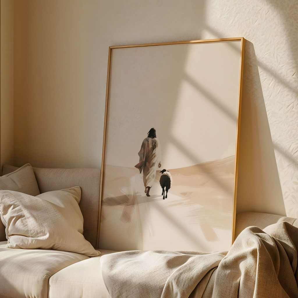 Quadro Cristão Jesus e a Ovelha Perdida Decoração Cristã Minimalista