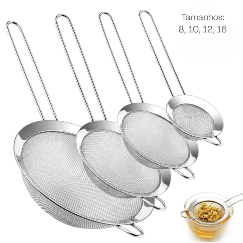 Conjunto 4 Peneiras Coador Aço Inox Tam: 8, 10, 12, 16 Ideal