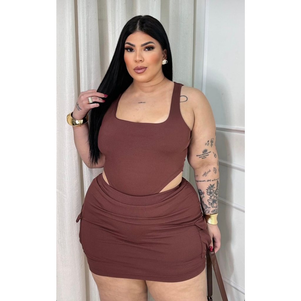 Conjunto Body Regata Cavado Cropped Ziper Plus Size Saia Curta com ...