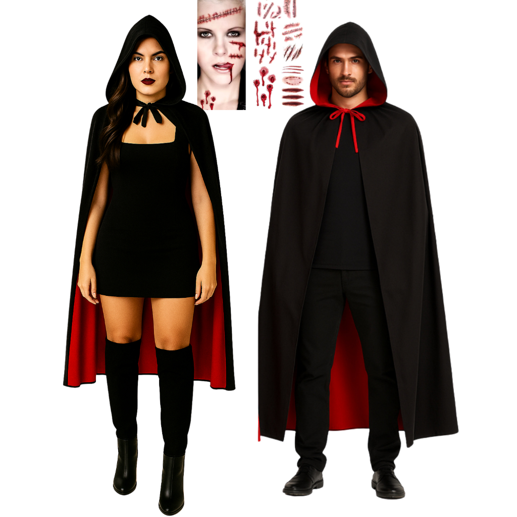 Kit Capa De Bruxa Fantasia Halloween Unissex Dupla Face + Ferimento Falso Tatoo Fantasia Completa Menina Fantasia menino