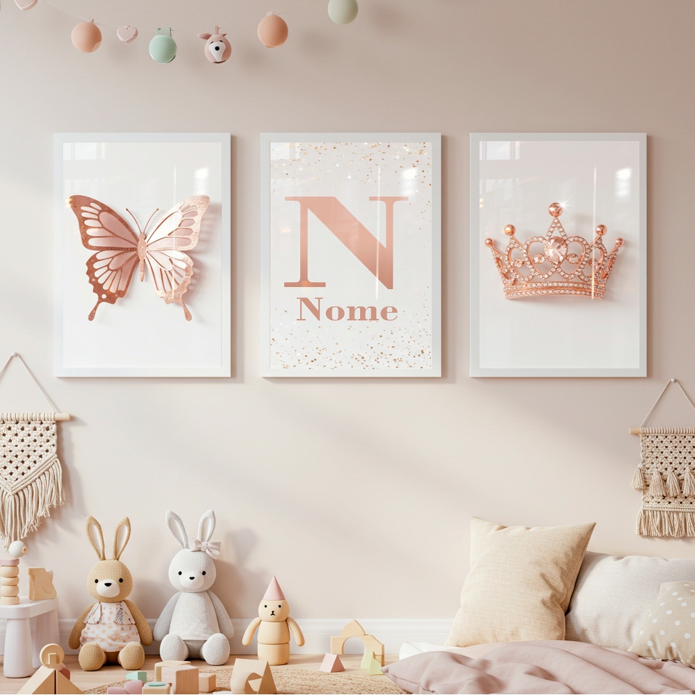 Quadro Decorativos Para Quarto Infantil Menina Borboleta Coroa Rosa e ...