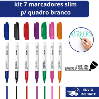 kit Completo Com 7 Marcadores Apagáveis Slim Ponta média Para Quadro Branco Escolcar e Escritório