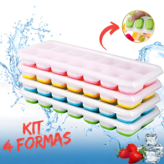 Kit 4 Formas De Gelo Fundo Silicone Cubo Com Tampa Rígida Flexível BPA 14 Cubo Frutas