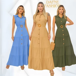 Vestido Feminino Longo Casual Elegante Com Botões Com Cinto Envio Imediato em Oferta na Shopee