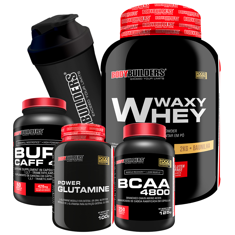 Kit Whey Protein Waxy Whey Pote 2kg + Burn Caff 420 60 Cáps + BCAA 4800 250 Cáps + Power Glutamina + Coqueteleira – Suplementos Para Ganho de Massa – Bodybuilders