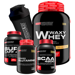 Kit Whey Protein Waxy Whey Pote 2kg + Burn Caff 420 60 Cáps + BCAA 4800 250 Cáps + Power Glutamina + Coqueteleira - Suplementos Para Ganho de Massa - Bodybuilders