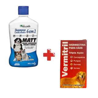 Kit Tratamento - Shampoo Matt 6x1 500ml + 4 Compr. Antipulgas e Carrapatos - Cães de 7,5 à 15kg - Kelldrin