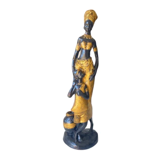 Escultura Africanas decoração estatua com menino 30cm Dourado com Preto