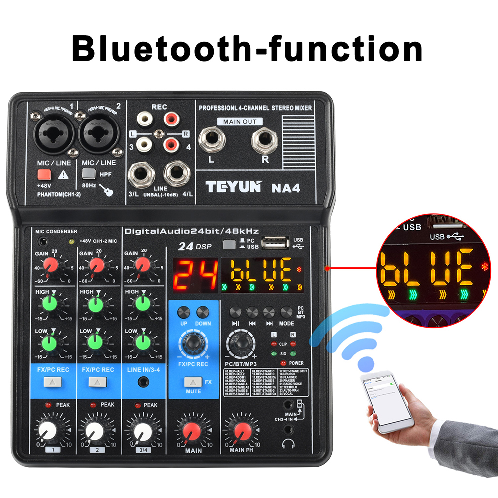 TEYUN NA4 4 Channel Professional Portable Sound Mixer Console Computer Input 48v Power Model Number Certification Origin Mixing