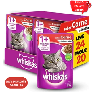 Ração Úmida Whiskas Sachê Adulto Carne 85g Alimento Completo e Balanceado Leve 24 Pague 20