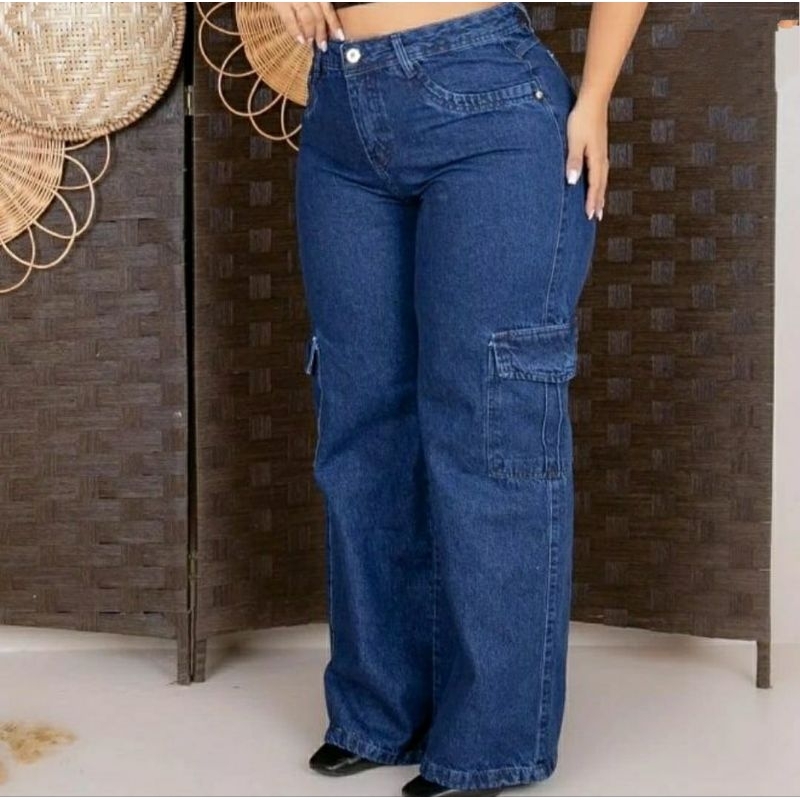 Calça Cargo jeans feminina Calça plus size wid leg Cargo cintura alta lisa