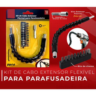 Extensão Eixo Prolongador 1/4 Ferramenta Braço Flexivel 24cm Cabo Extensor Adaptador Parafusadeira com 12 Peças