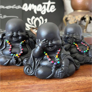 Buda Monge Trio De Budas Sabedoria Pequeno 10 cm Jardim Zen Decoração Monge com Japamala Monge Meditando Trio de Budas Meditando Buda Colorido Trio da Sabedoria
