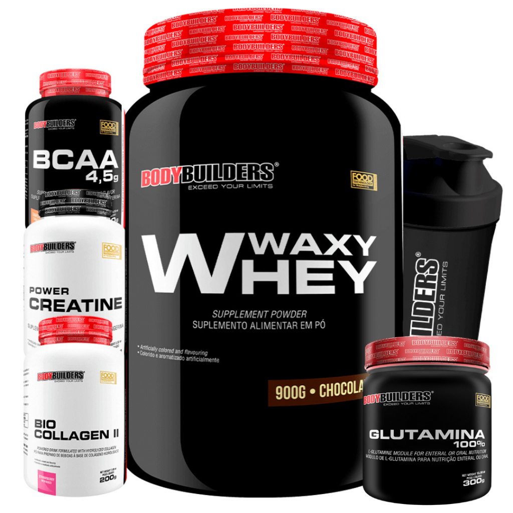 Kit Whey Protein Waxy Whey Pote 900g + BCAA 4.5 100g + Power Creatina 100g + Bio Colágeno II 200g + Glutamina 100% 300g + Coqueteleira - Kit Para Aumento de Massa Muscular - Bodybuilders