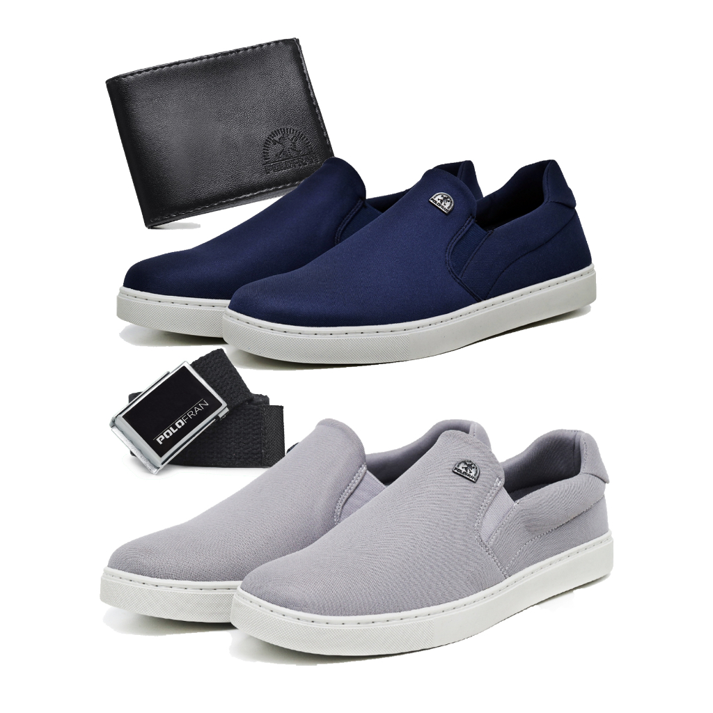 Kit 2 Pares Tênis Masculino Slip On Sapatênis Iate Casual Básico Polo Fran Com Carteira Cinto