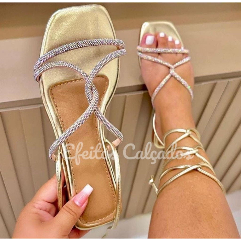 Sandália Rasteira Amarração Strass Cruzado