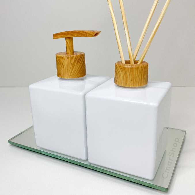 Kit Banheiro Aromatizador Saboneteira Cubo Branco Bandeja Espelhada