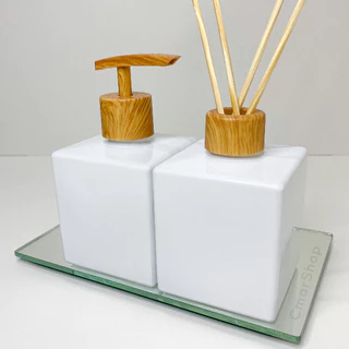 Kit Banheiro Aromatizador Saboneteira Cubo Branco Bandeja Espelhada
