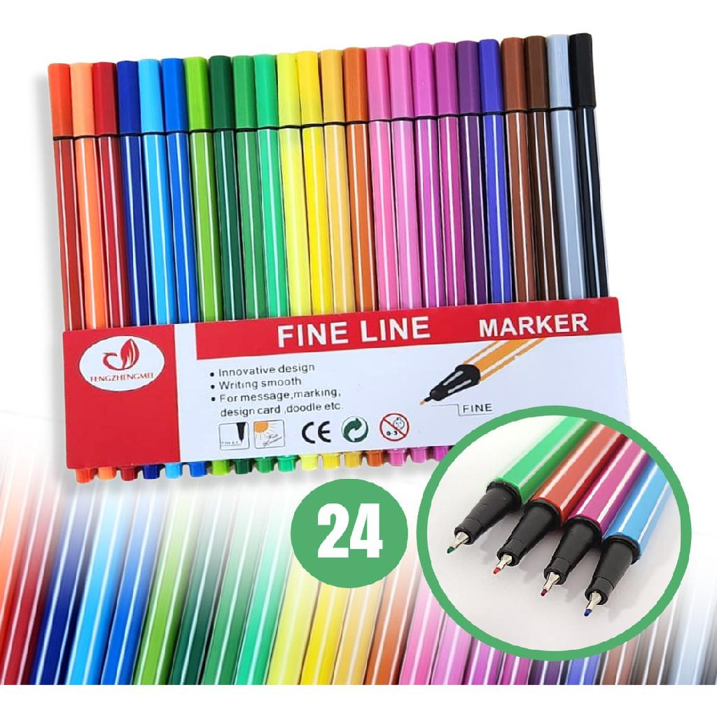 Kit 24 Cores Canetas Coloridas Ponta Fina Fineliner Tipo Stabilo 0.4mm